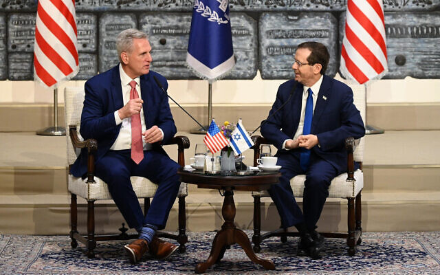 In this handout photo, President Isaac Herzog (right) meets with US House Speaker Kevin McCarthy at his official residence in Jerusalem, May 1, 2023. (Haim Zach/GPO)