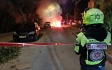 The scene of a car explosion in Kiryat Bialik on May 1, 2023. (Magen David Adom)