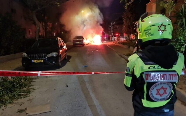 The scene of a car explosion in Kiryat Bialik on May 1, 2023. (Magen David Adom) The scene of a car explosion in Kiryat Bialik on May 1, 2023. (Magen David Adom)