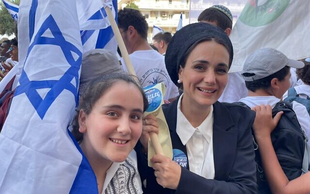 Otzma Yehudit MK Limor Son Har-Melech and her daughter during the Jerusalem Day Flag March, May 18, 2023. (Carrie Keller-Lynn/Times of Israel) Otzma Yehudit MK Limor Son Har-Melech and her daughter during the Jerusalem Day Flag March, May 18, 2023. (Carrie Keller-Lynn/Times of Israel)