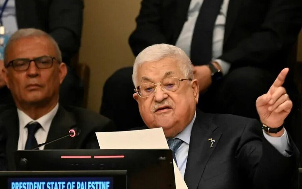 Palestinian Authority President Mahmoud Abbas addresses a Nakba Day event at the United Nations General Assembly in New York, May 15, 2023 (Ed Jones/AFP) Palestinian Authority President Mahmoud Abbas addresses a Nakba Day event at the United Nations General Assembly in New York, May 15, 2023 (Ed Jones/AFP)