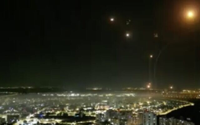Iron Dome intercepting rockets fired from Gaza over central Israel, May 11, 2023 (Channel 12 screenshot) Iron Dome intercepting rockets fired from Gaza over central Israel, May 11, 2023 (Channel 12 screenshot)