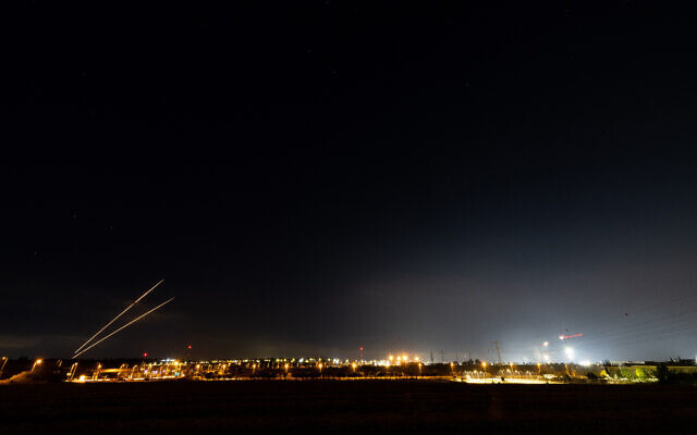 Rockets fired from the Gaza Strip at Israel, as it seen from Sderot, on May 2, 2023. (Yonatan Sindel/Flash90) Rockets fired from the Gaza Strip at Israel, as it seen from Sderot, on May 2, 2023. (Yonatan Sindel/Flash90)