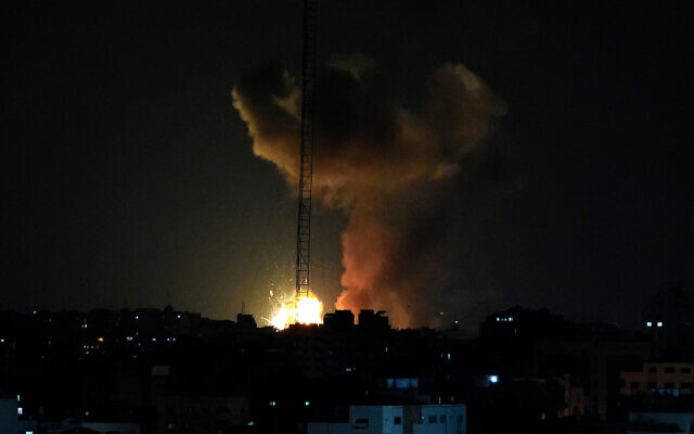 Smoke and fire rise from an explosion caused by an Israeli airstrike in Gaza, May 2, 2023. (AP Photo/Adel Hana) Smoke and fire rise from an explosion caused by an Israeli airstrike in Gaza, May 2, 2023. (AP Photo/Adel Hana)