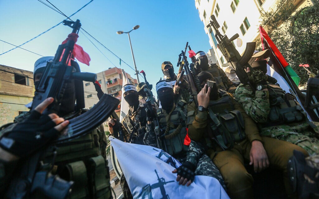 Hamas terrorists in Gaza City on December 10, 2022. (Atia Mohammed/Flash90) Hamas terrorists in Gaza City on December 10, 2022. (Atia Mohammed/Flash90)