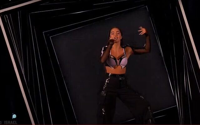 Israel's Noa Kirel appearing at the grand final of the 2023 Eurovision in Liverpool, UK, May 13, 2023. (Screenshot/EBU)