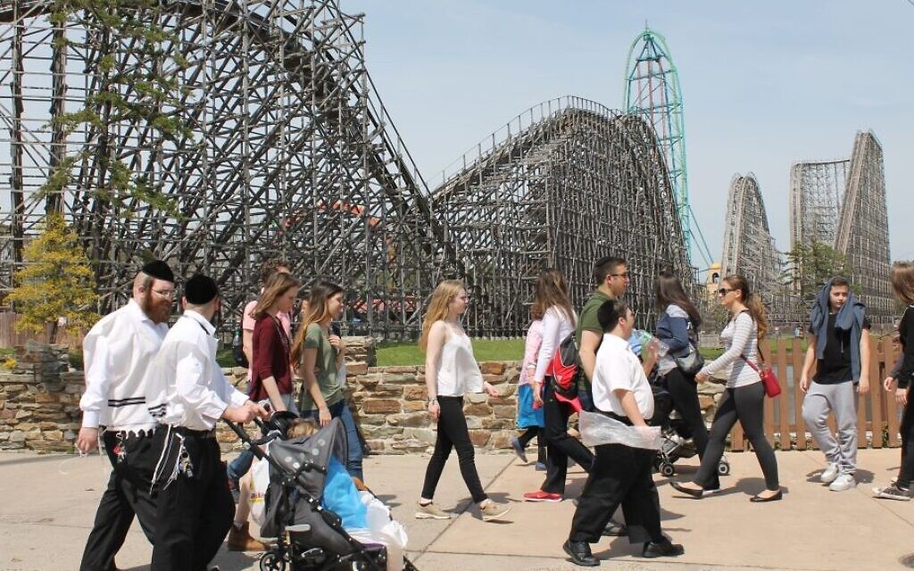 Illustrative: Six Flags Great Adventure, an amusement park in New Jersey, often becomes the site of Orthodox Jewish pilgrimage on the intermediate days of Sukkot or Passover. (Uriel Heilman/via JTA)