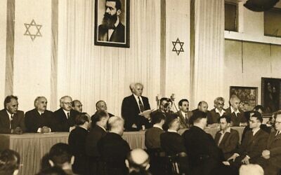 Signing the Israeli Declaration of Independence and announcing the birth of the Jewish State, May 14, 1948. (GPO)