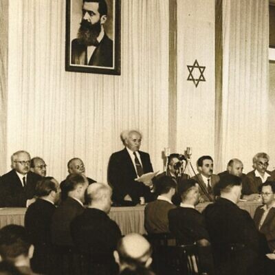 Signing the Israeli Declaration of Independence and announcing the birth of the Jewish State, May 14, 1948. (GPO)