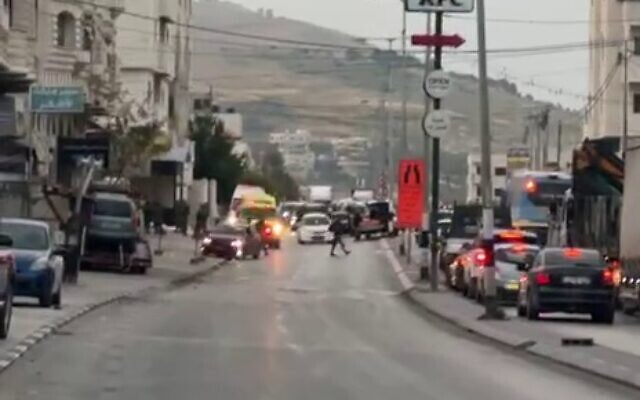 The scene of an alleged car-ramming attack in the West Bank town of Huwara on May 21, 2023. (Video screenshot; used in accordance with Clause 27a of the Copyright Law) The scene of an alleged car-ramming attack in the West Bank town of Huwara on May 21, 2023. (Video screenshot; used in accordance with Clause 27a of the Copyright Law)