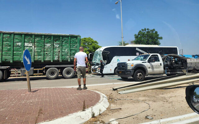 The scene of an accident between a truck and a bus in southern Israel, May 29, 2023. (Courtesy) The scene of an accident between a truck and a bus in southern Israel, May 29, 2023. (Courtesy)