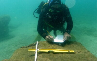 An Israel Antiquities Authority archaeologist checks out pieces of 1,800-year-old marble from a shipwreck off the shore of Beit Yanai in central Israel. (Israel Antiquities Authority's Theft Prevention Unit)