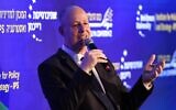 National Security Adviser Tzachi Hanegbi speaks at the Herzliya Conference at Reichman University, on May 23, 2023. (Gilad Kavalerchik)