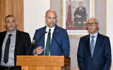 Morocco's Parliament Speaker Rachid Talbi Alami (R) listens to visiting Knesset Speaker Amir Ohana (C) speak in Rabat on June 8, 2023. (AFP)