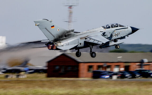 A German ECR Tornado aircraft takes off at the Air Defender Exercise 2023 in the military airport of Jagel, northern Germany, on June 9, 2023. (Axel Heimken/Pool/AFP) A German ECR Tornado aircraft takes off at the Air Defender Exercise 2023 in the military airport of Jagel, northern Germany, on June 9, 2023. (Axel Heimken/Pool/AFP)