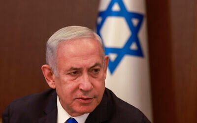 Prime Minister Benjamin Netanyahu chairs the weekly cabinet meeting at his office in Jerusalem on June 11, 2023. (Menahem Kahana/Pool/AFP)