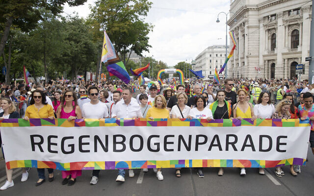 Politicians of Austria's Social Democratic Party (SPOe) and Greens carry a banner with "Regenbogenparade" (Pride Parade) at Ringstrasse in Vienna, Austria, on June 17, 2023. (Alex HALADA/AFP) Politicians of Austria's Social Democratic Party (SPOe) and Greens carry a banner with "Regenbogenparade" (Pride Parade) at Ringstrasse in Vienna, Austria, on June 17, 2023. (Alex HALADA/AFP)