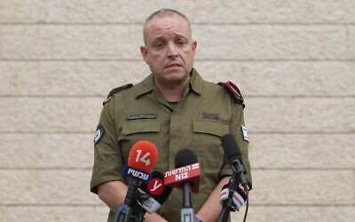 Maj. Gen. Eliezer Toledano, then chief of the IDF Southern Command, speaks to reporters, June 13, 2023. (Israel Defense Forces)