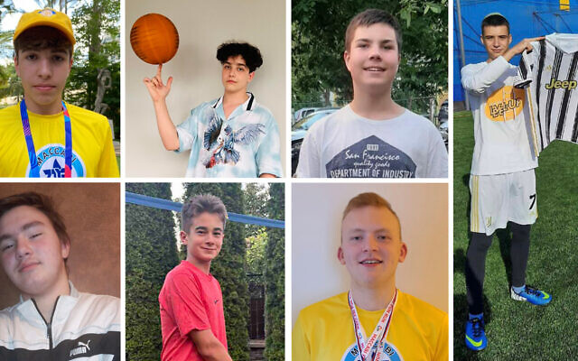Clockwise from top left: Leonid Bereslavich, Mark Sagan, Alexey Kulik, Nikita Novitsky, Ilya Miroshnichenko, Veniamin Rudman and Artur Dotsenko (Courtesy of Makkabi Ukraine via JTA)