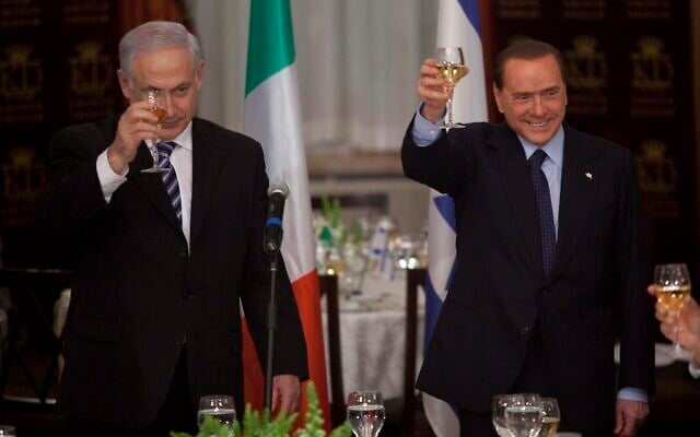 Prime Minister Benjamin Netanyahu, left, raises a toast with Italian Prime Minister Silvio Berlusconi, right, during their meeting in Jerusalem, Monday, Feb. 1, 2010. (AP Photo/Uriel Sinai, Pool) Prime Minister Benjamin Netanyahu, left, raises a toast with Italian Prime Minister Silvio Berlusconi, right, during their meeting in Jerusalem, Monday, Feb. 1, 2010. (AP Photo/Uriel Sinai, Pool)