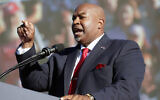 Lt. Governor Mark Robinson, Republican from North Carolina, speaks to the crowd at former US president Donald Trump's rally, Sept. 23, 2022, in Wilmington, North Carolina. (AP Photo/Chris Seward)