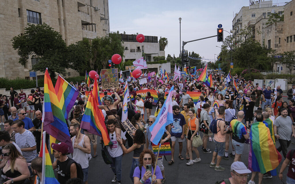 Participants march in the annual Pride parade in Jerusalem, Thursday, June 1, 2023. (AP Photo/Ohad Zwigenberg)