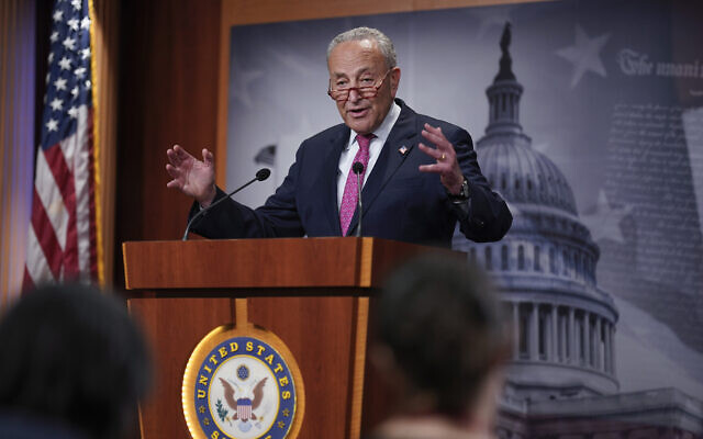 US Senate Majority Leader Chuck Schumer, speaks to reporters after a series of amendment votes and final passage on the big debt ceiling and budget cuts package, at the Capitol in Washington, June 1, 2023. (AP/J. Scott Applewhite) US Senate Majority Leader Chuck Schumer, speaks to reporters after a series of amendment votes and final passage on the big debt ceiling and budget cuts package, at the Capitol in Washington, June 1, 2023. (AP/J. Scott Applewhite)
