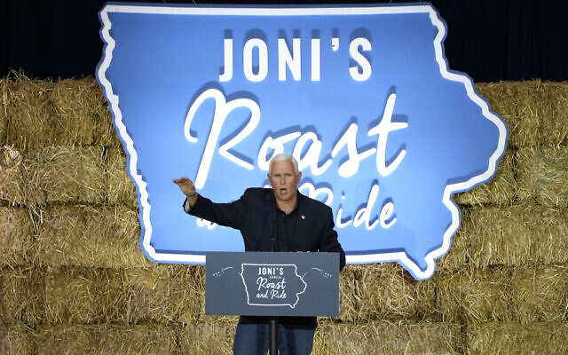 Former US vice president Mike Pence speaks during US Sen. Joni Ernst's Roast and Ride in Des Moines, Iowa on June 3, 2023. (AP Photo/Charlie Neibergall) Former US vice president Mike Pence speaks during US Sen. Joni Ernst's Roast and Ride in Des Moines, Iowa on June 3, 2023. (AP Photo/Charlie Neibergall)