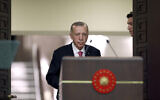 Turkish President Recep Tayyip Erdogan, arrives to speak in front of the attendees during the inauguration ceremony at the presidential complex in Ankara, Turkey, June 3, 2023. (Ali Unal/AP)