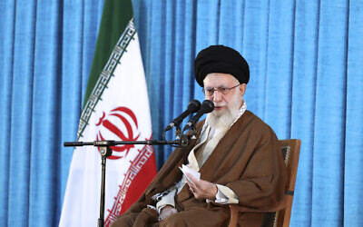 Iran's Supreme Leader Ayatollah Ali Khamenei speaks during a ceremony commemorating the death anniversary of the late revolutionary founder Ayatollah Khomeini at his mausoleum just outside Tehran, Iran, June 4, 2023. (Office of the Iranian Supreme Leader via AP)