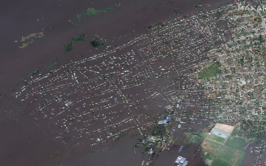 This image provided by Maxar Technologies, shows Oleshky, on June 7, 2023. (Satellite image ©2023 Maxar Technologies via AP)