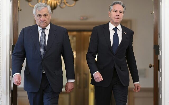 US Secretary of State Antony Blinken and Italy's Foreign Minister Antonio Tajani arrive to speak to members of the media in the Treaty Room of the State Department in Washington, June 12, 2023. (Mandel Ngan/ Pool Photo via AP) US Secretary of State Antony Blinken and Italy's Foreign Minister Antonio Tajani arrive to speak to members of the media in the Treaty Room of the State Department in Washington, June 12, 2023. (Mandel Ngan/ Pool Photo via AP)