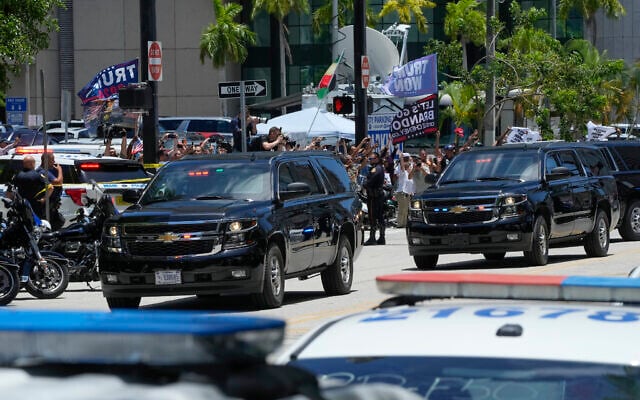The motorcade carrying former US president Donald Trump arrives at the Wilkie D. Ferguson Jr. US Courthouse, June 13, 2023, in Miami. (AP/Marta Lavandier) The motorcade carrying former US president Donald Trump arrives at the Wilkie D. Ferguson Jr. US Courthouse, June 13, 2023, in Miami. (AP/Marta Lavandier)