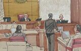 In this courtroom sketch, Erich Smith testifies June 13, 2023, in Pittsburgh, in the federal trial of Robert Bowers, accused of shooting to death 11 worshippers in a synagogue in 2018. (AP Photo/David Klug)