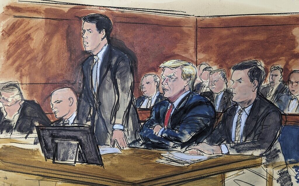 In this courtroom sketch, attorney Todd Blanche stands as he enters a plea of not guilty on behalf of former president Donald Trump, second from right, in federal court, June 13, 2023, in Miami. (Elizabeth Williams via AP) In this courtroom sketch, attorney Todd Blanche stands as he enters a plea of not guilty on behalf of former president Donald Trump, second from right, in federal court, June 13, 2023, in Miami. (Elizabeth Williams via AP)