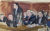 In this courtroom sketch, attorney Todd Blanche stands as he enters a plea of not guilty on behalf of former president Donald Trump, second from right, in federal court, June 13, 2023, in Miami. (Elizabeth Williams via AP)