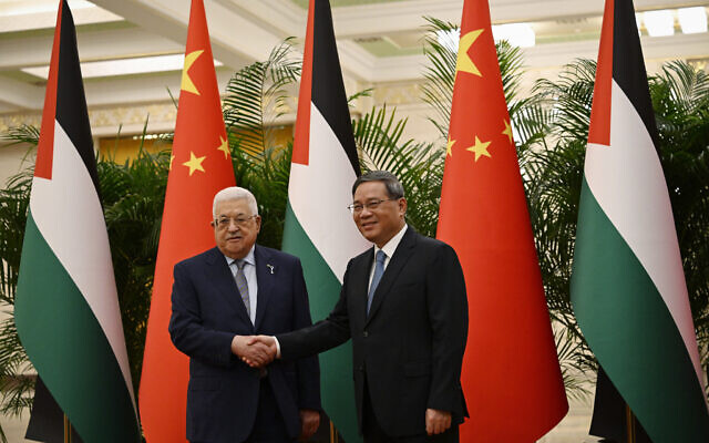 File - Chinese Premier Li Qiang, right, receives Palestinian Authority President Mahmoud Abbas at the Great Hall of the People in Beijing on Thursday, June 15, 2023. (Jade Gao/Pool Photo via AP) File - Chinese Premier Li Qiang, right, receives Palestinian Authority President Mahmoud Abbas at the Great Hall of the People in Beijing on Thursday, June 15, 2023. (Jade Gao/Pool Photo via AP)