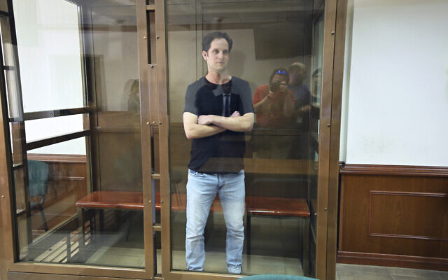 Wall Street Journal reporter Evan Gershkovich stands in a glass cage in a courtroom at the Moscow City Court in Moscow, Russia, June 22, 2023. (Dmitry Serebryakov/AP) Wall Street Journal reporter Evan Gershkovich stands in a glass cage in a courtroom at the Moscow City Court in Moscow, Russia, June 22, 2023. (Dmitry Serebryakov/AP)