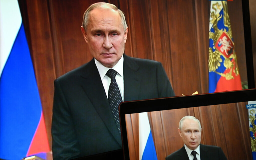 Russian President Vladimir Putin is seen on monitors as he addresses the nation after Yevgeny Prigozhin, the owner of the Wagner Group military company, called for armed rebellion and reached the southern city of Rostov-on-Don with his troops, in Moscow, Russia, June 24, 2023. (Pavel Bednyakov, Sputnik, Kremlin Pool Photo via AP) Russian President Vladimir Putin is seen on monitors as he addresses the nation after Yevgeny Prigozhin, the owner of the Wagner Group military company, called for armed rebellion and reached the southern city of Rostov-on-Don with his troops, in Moscow, Russia, June 24, 2023. (Pavel Bednyakov, Sputnik, Kremlin Pool Photo via AP)