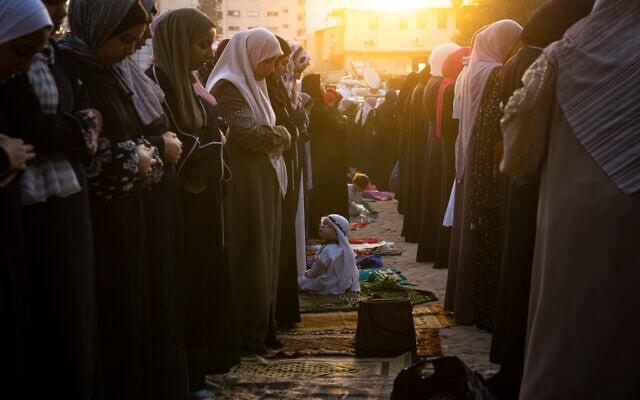 Palestinian Muslims offer Eid al-Adha prayers in Gaza City, June 28, 2023. (AP Photo/Fatima Shbair)