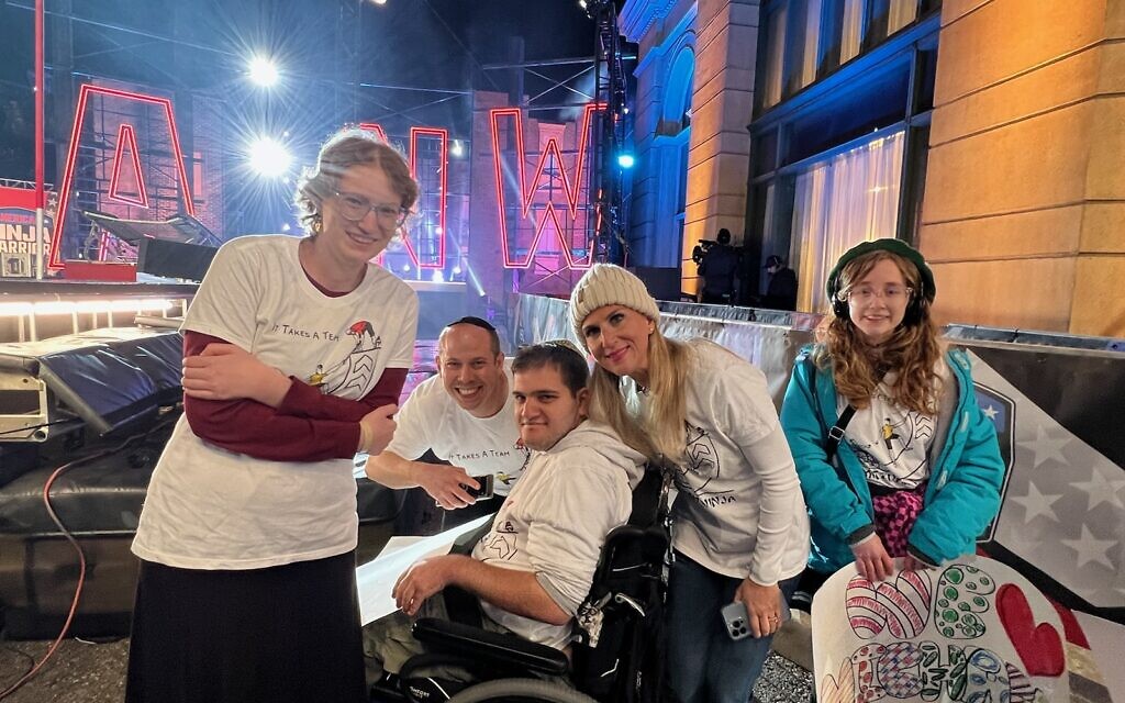 Members of the Jewish Inspiration Foundation on the set of 'American Ninja Warrior.' From left to right: Chaya Ruth Weberman, Eli Casper, Ari Cohen, Esther Schwab and Aydra Jones. (Courtesy of Leah Cohen via JTA)