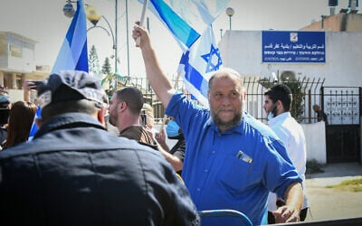 Benzi Gopstein, chairman of the extreme-right group Lehava, during a visit of then-MK Itamar Ben Gvir to the Arab town of Kafr Qasim, October 5, 2021. (Yossi Zeliger/Flash90)