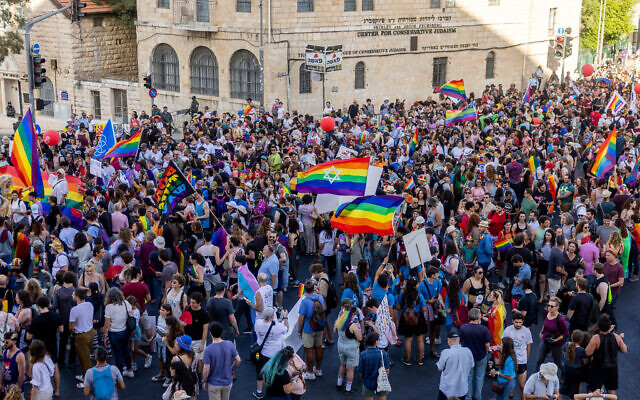 Thousands take part in the annual Pride Parade in Jerusalem, on June 2, 2022. (Yonatan Sindel/Flash90) Thousands take part in the annual Pride Parade in Jerusalem, on June 2, 2022. (Yonatan Sindel/Flash90)