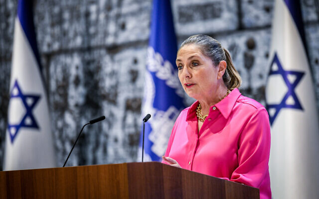 Michal Herzog speaks during a ceremony at the president's house for representatives of diplomatic delegations to Israel, in Jerusalem. September 20, 2022. (Arie Leib Abrams/Flash90)