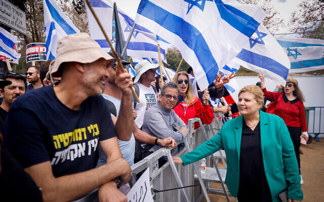 MK Orna Barbivai at a protest outside the Knesset in Jerusalem on March 27, 2023. (Erik Marmor/Flash90) MK Orna Barbivai at a protest outside the Knesset in Jerusalem on March 27, 2023. (Erik Marmor/Flash90)