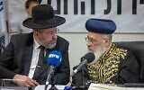File: Ashkenazi Chief Rabbi David Lau (left) and Sephardic Chief Rabbi Yitzhak Yosef attend a ceremony selling hametz (food containing leavening) to Arab Israeli Mr Jaber before the upcoming Passover holiday in Jerusalem, April 4, 2023. (Yonatan Sindel/Flash90)