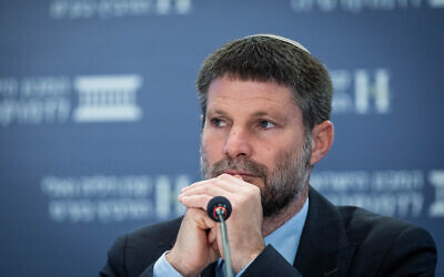 Finance Minister Bezalel Smotrich attends a conference in Jerusalem on May 30, 2023. (Yonatan Sindel/Flash90)
