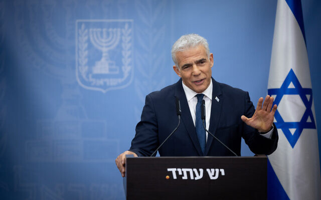 Yesh Atid party leader Yair Lapid speaks during a faction meeting at the Knesset on June 5, 2023. (Yonatan Sindel/ Flash90) Yesh Atid party leader Yair Lapid speaks during a faction meeting at the Knesset on June 5, 2023. (Yonatan Sindel/ Flash90)