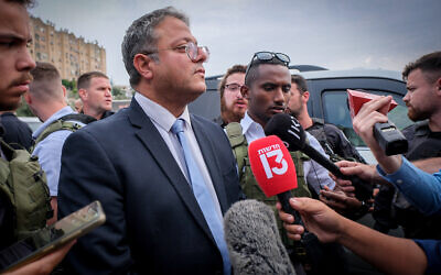 National Security Minister Itamar Ben Gvir at the scene where five people were shot dead in the town of Yafa an-Naseriyye, June 8, 2023. (Fadi Amun/Flash90)