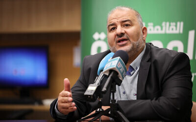 Ra'am party head MK Mansour Abbas leads a faction meeting, at the Knesset in Jerusalem, on June 12, 2023. (Yonatan Sindel/Flash90)